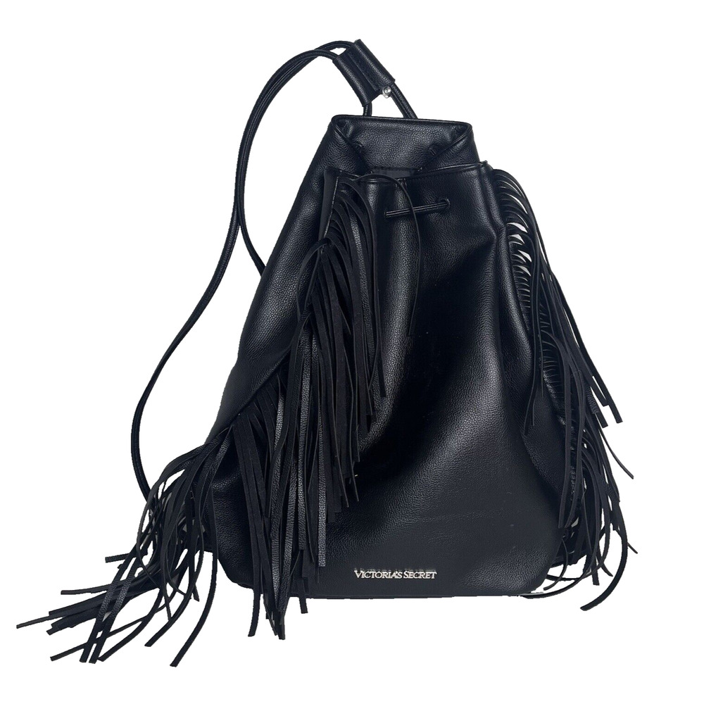 Victoria Secret Black Fringe Drawstring Backpack Bag Purse Faux Leather EUC